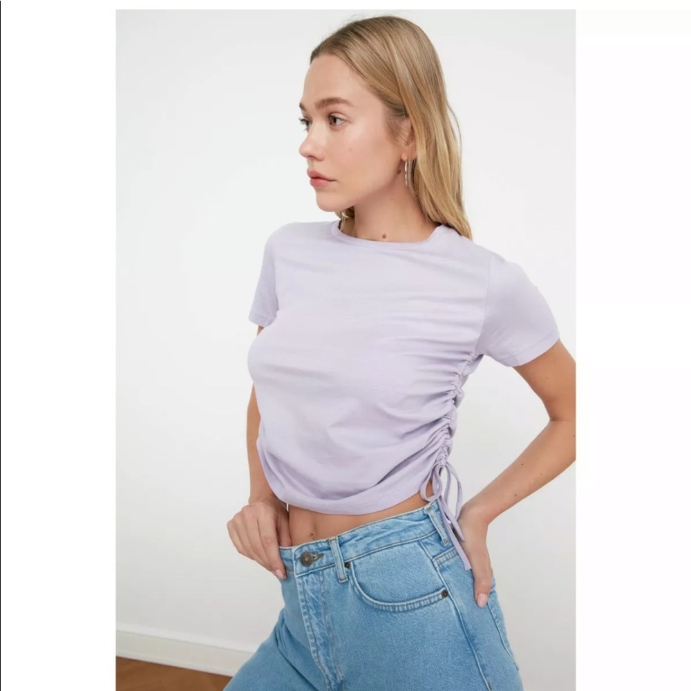 Short Sleeve Purple Ruched Side Cotton Tee